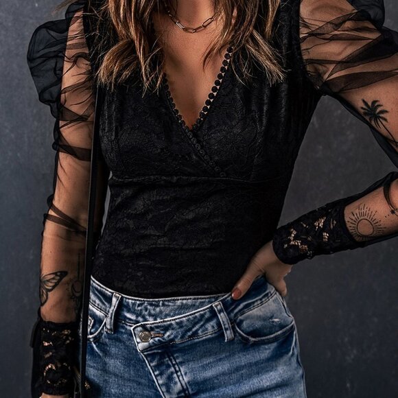 Long Puff Sleeve Lace Bodysuit Large NWT - Picture 2 of 9